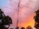 The W4LT Antenna Farm:  The whole enchilada!  A3S at 40 feet and two half waves in phase at 38 feet. Welcome to city lot hamming!
